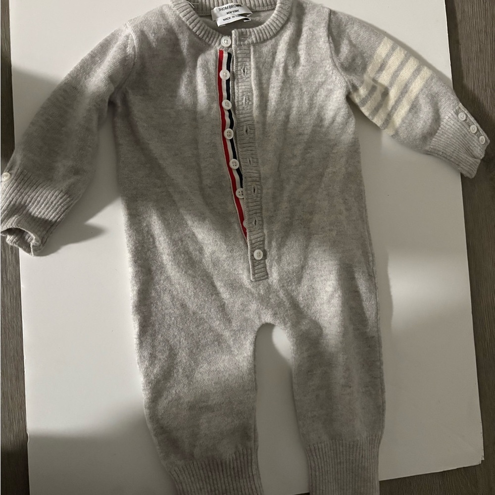 Thom Browne Light Gray Kids Footie with Stripes